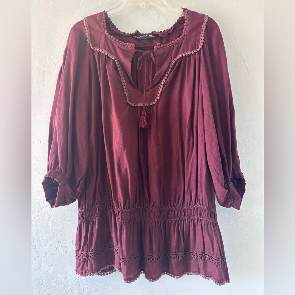 Zara Burgundy Peasant Blouse Boho Tassel Size XS